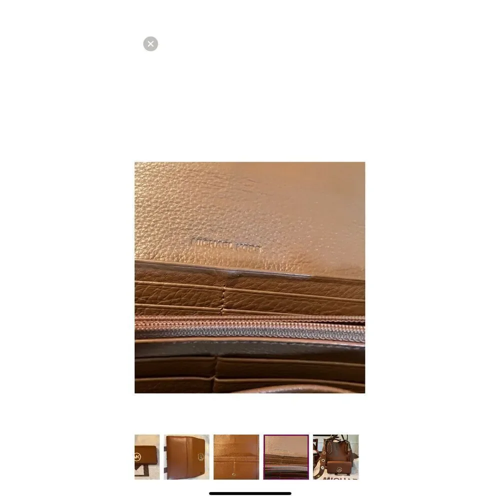 Michael Kors Fulton Carryall Leather Wallet Camel Brown Gold Hardware Classic